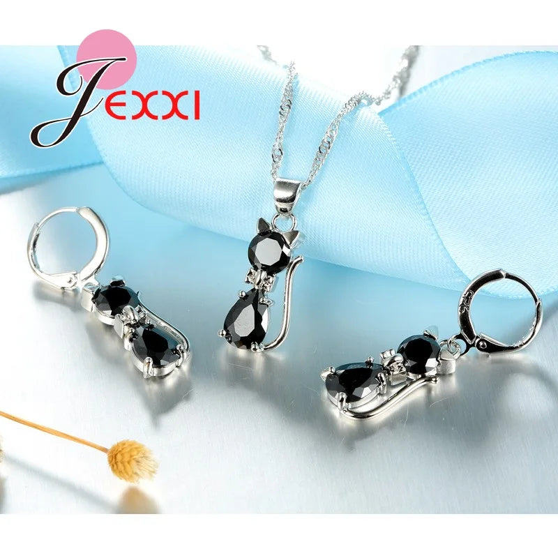Ensembles de bijoux en argent pour femmes, livraison rapide, fiançailles romantiques, chat mignon, collier, boucles d'oreilles avec cristal autrichien