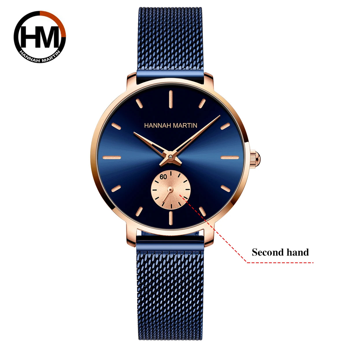 HANNAH MARTIN Top marque femmes montre 1335 synchronisation sous-cadran en acier inoxydable maille mouvement à Quartz or Rose 33mm