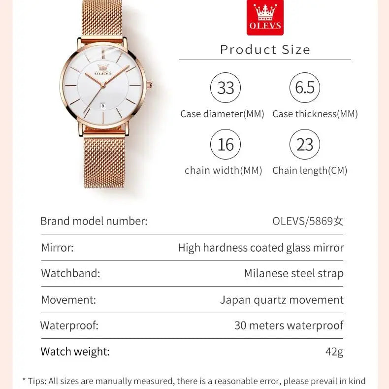 OLEVS 5869 marque de luxe femmes montre exquise maille étanche Ultra mince 6.5mm