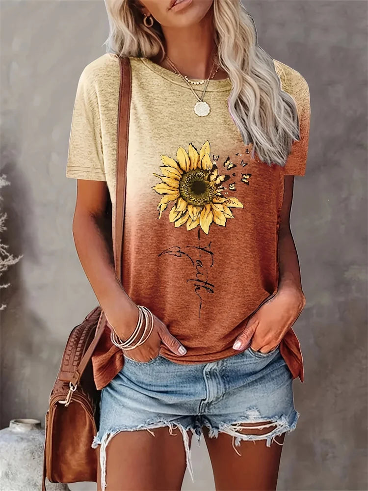 T-shirt col rond femme imprimé pissenlit mode de rue urbaine T-shirt ample femme quotidien décontracté élégant haut à manches courtes