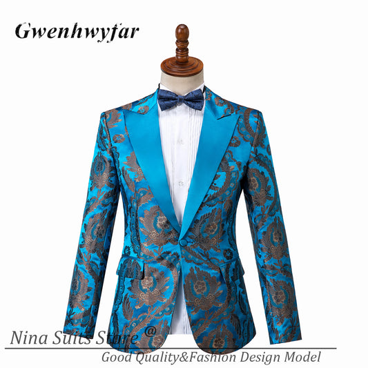 G & N-Smokings de soirée pour homme, ensemble 3 pièces, blazer sur mesure, revers Patricia, un bouton, bleu lac, brume dorée, zones florales, luxe, 2025