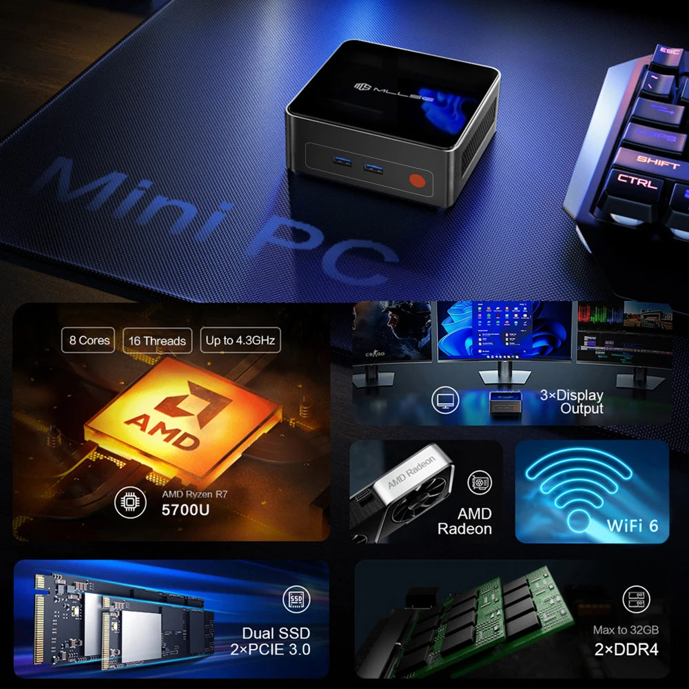 MLLSE G1 Pro Mini PC AMD Ryzen7 5700U DDR4 16GB RAM 512GB SSD WiFi6 BT5.2 Windows 11 Pro Mini ordinateur de bureau travail de jeu