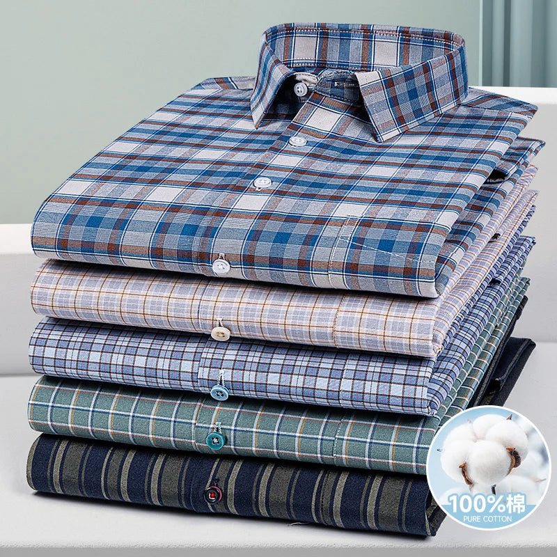 Chemise Oxford rayée à carreaux pour hommes, chemise sociale à manches longues, chemises de travail décontractées, poche, pur coton, qualité, S- 7XL, 8XL, 100%