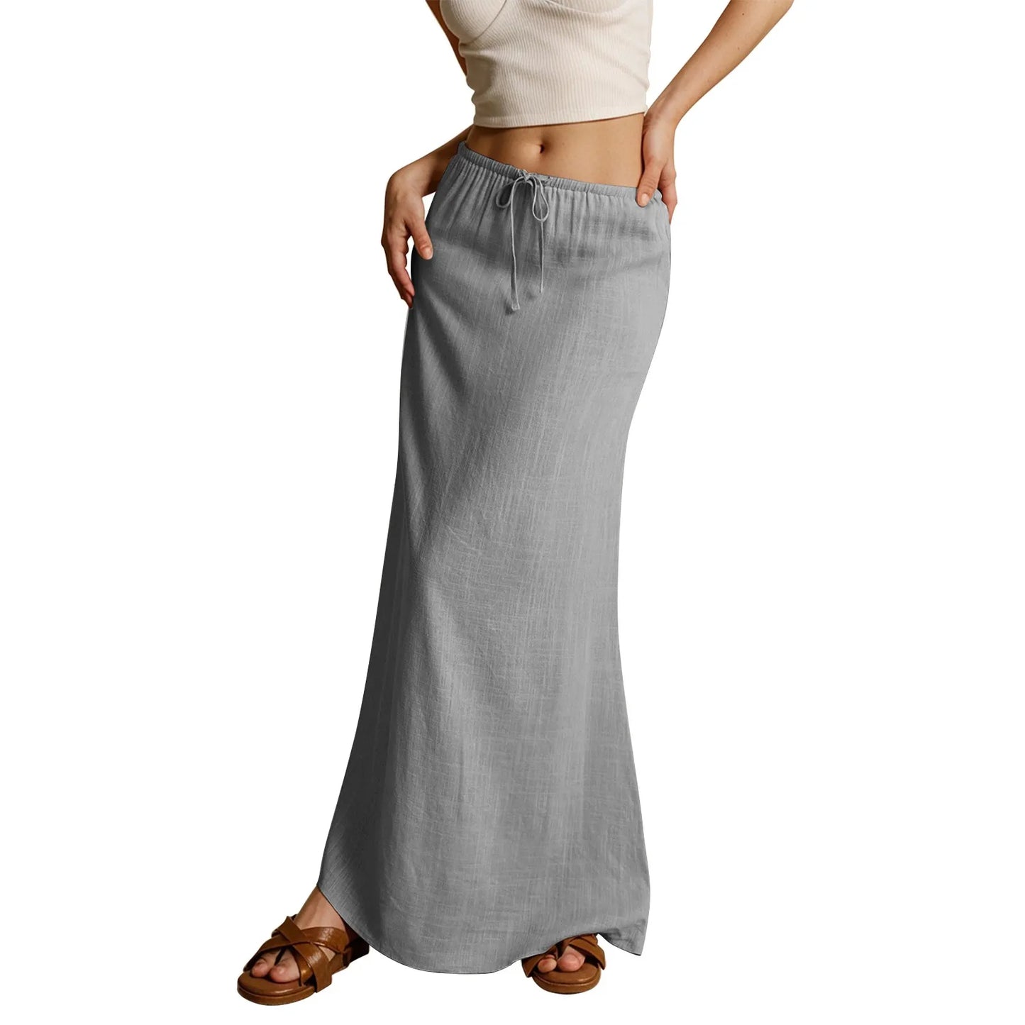 Jupe longue d'été pour femmes, cordon de serrage, taille basse, ligne A, jupe décontractée, taille haute élastique, moulante, longue, jupes pour femmes