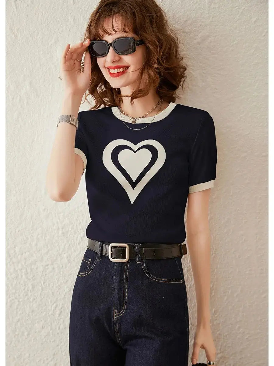 Modiis Yao-T-shirt manches courtes col rond femme, estival et décontracté, avec cœur imprimé, 2024