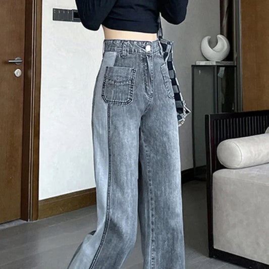 Jean Gris avec Poches pour Femme, Pantalon Taille Haute, Jambes Droites, FjStreetwear des Années 90, Chic et Élégant, Bon Marché