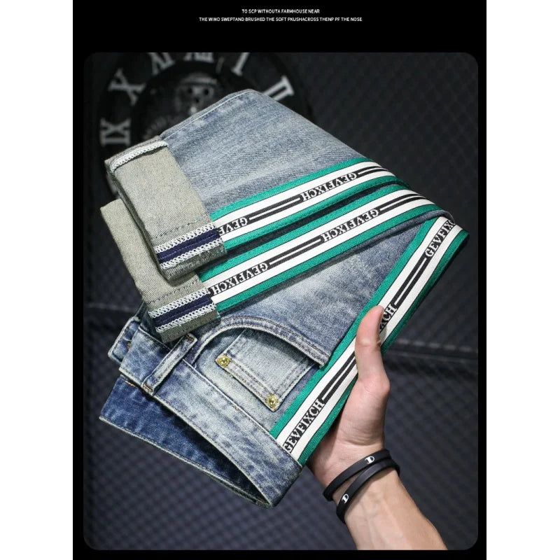 Jeans de luxe à rayures bleues pour hommes, haut de gamme, léger, polyvalent, coupe couvertes, skinny, déchiré, fjny, rue, printemps, 2024