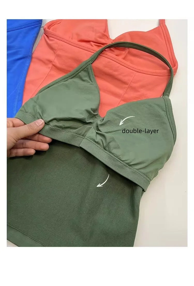 Haut de sport à bretelles palangre, dos nu, Logo personnalisé, vêtements de sport pour femmes, soutien-gorge intégré froissé avec bonnets amovibles, débardeurs de Yoga