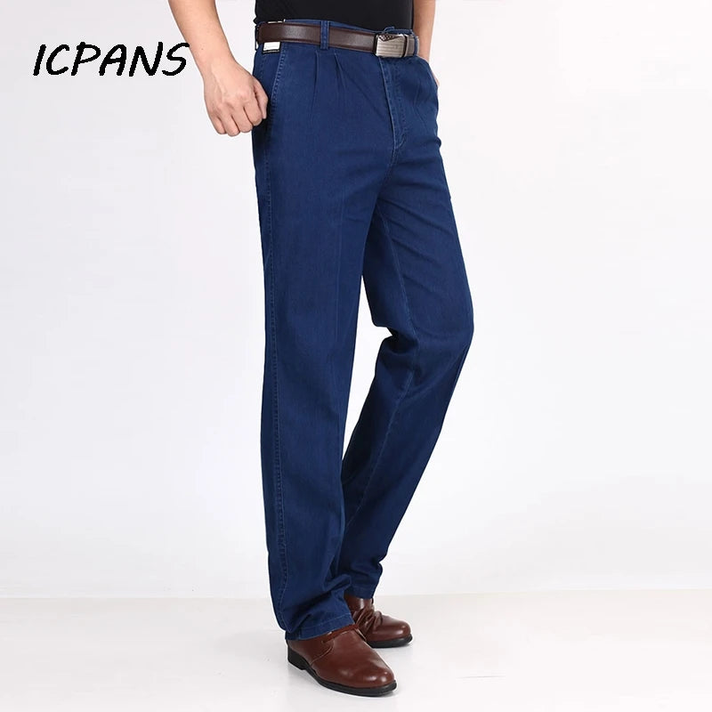 Jean en Denim taille haute pour hommes Double plissé automne printemps classique droit bleu jean hommes décontracté Broeken taille 30- 42 44 46