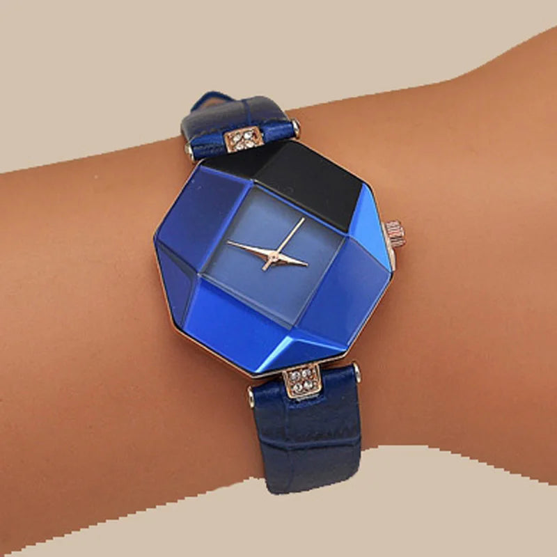 Relogio Femin37- Montre-bracelet à quartz analogique pour femme, bijou géométrique, coupe gemme exquise, bracelet en cuir bleu, à la mode