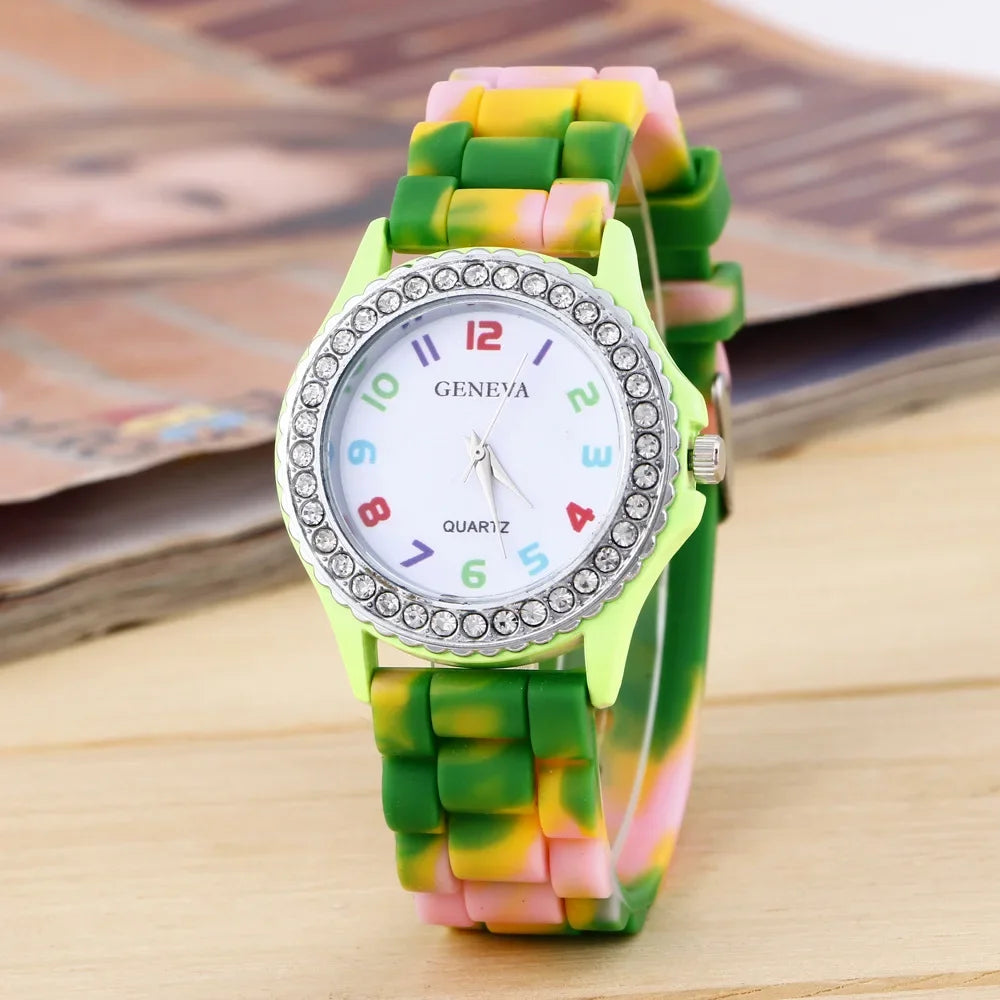Montres de luxe pour femmes, arc-en-ciel, diamant, quartz, silicone, étanche,