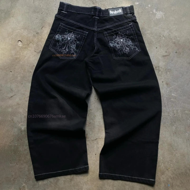 Ins-Pantalon droit en coton noir pour hommes et femmes, Jeans College de motifs de personnalité sombre, High Street Couple, Automne, Hiver, Nouveau