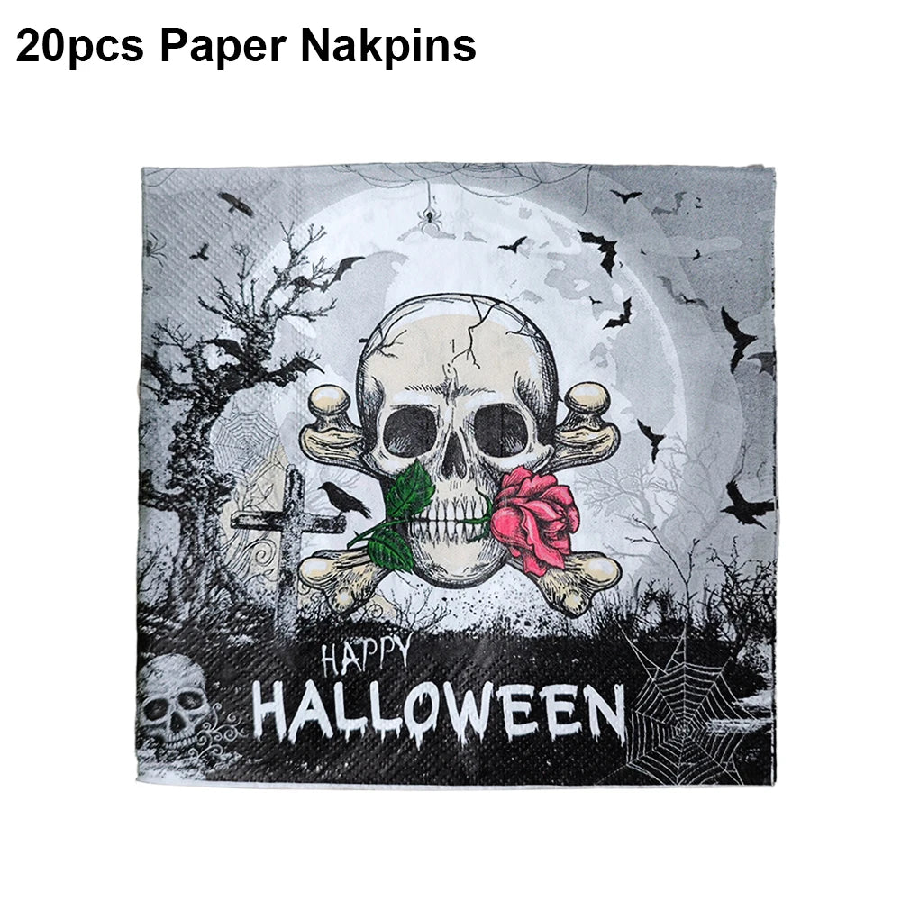 Assiettes de fête gothiques en forme de crâne pour Halloween, tasses, serviettes, corbeau de Rose, décors de fête pour Halloween, squelette, jour des morts, anniversaire