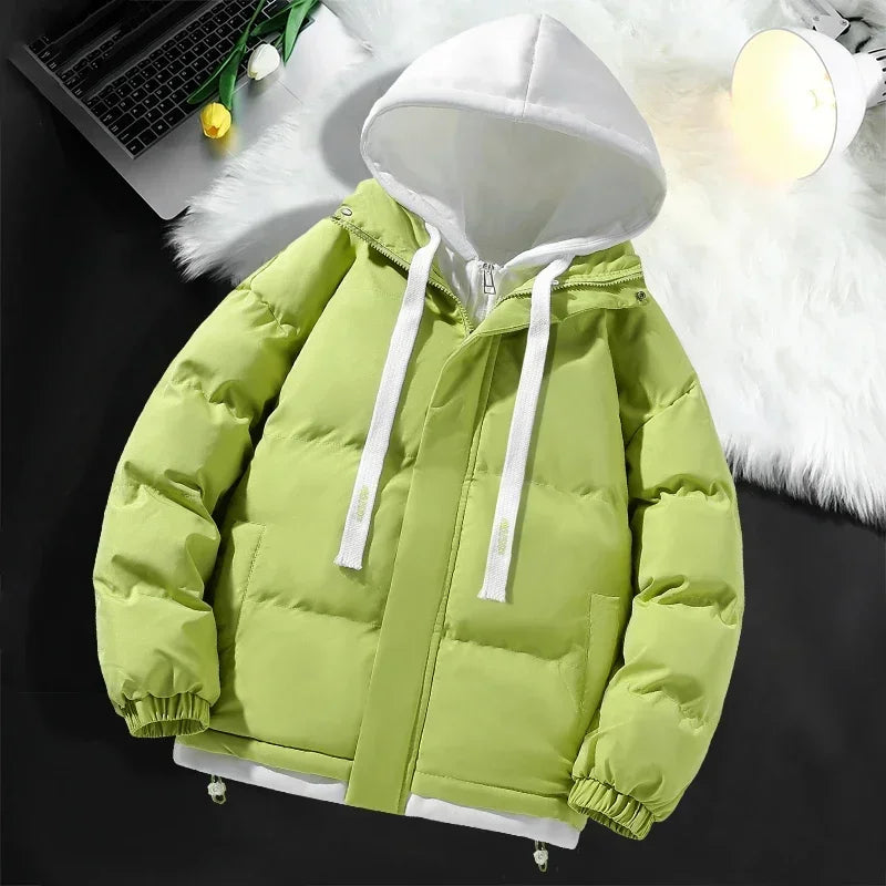 Hommes à capuche coton Coat2024 nouveau décontracté à capuche faux deux pièces conception vers le bas coton chaud Parka Style coréen épais hommes veste d'hiver