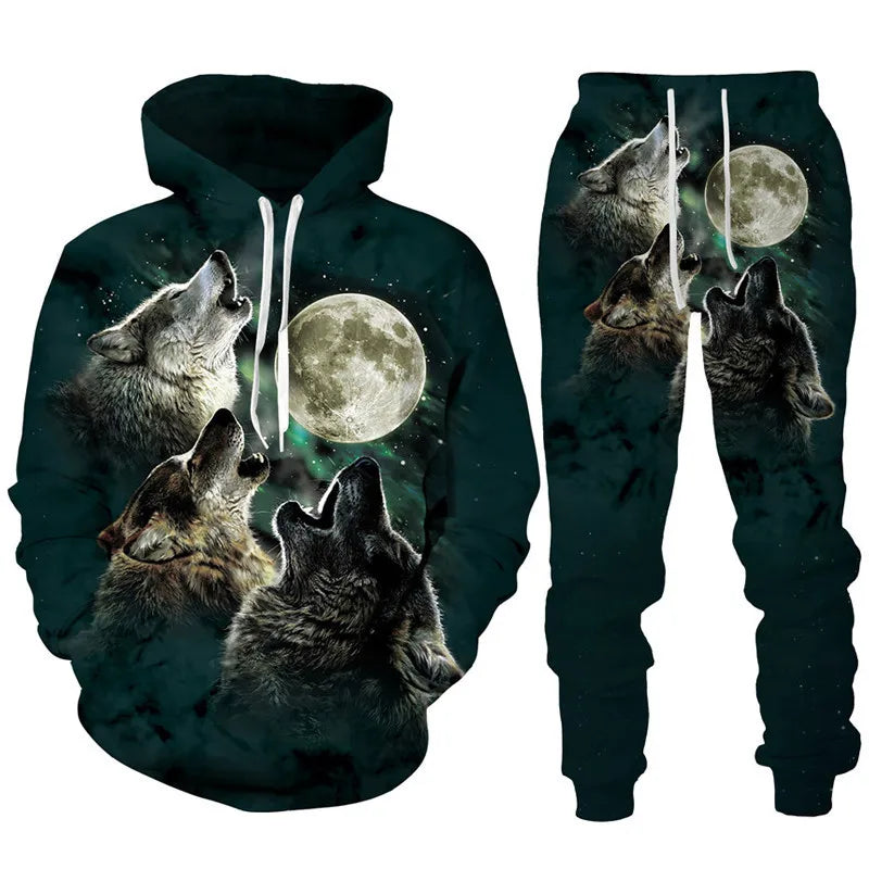 Ensemble de survêtement imprimé 3D pour hommes et femmes, sweat à capuche Cool Forest Wolf, pantalon imbibé, tenues de couple Hip Hop, personnalité High Streetwear, mode