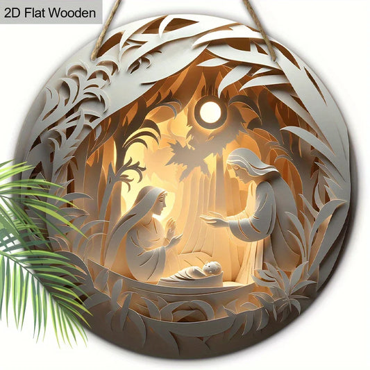2D flat 1 Christian Christmas "Christmas Eve" circular wooden wall decoration, paper-cut effect pattern, festival decoration