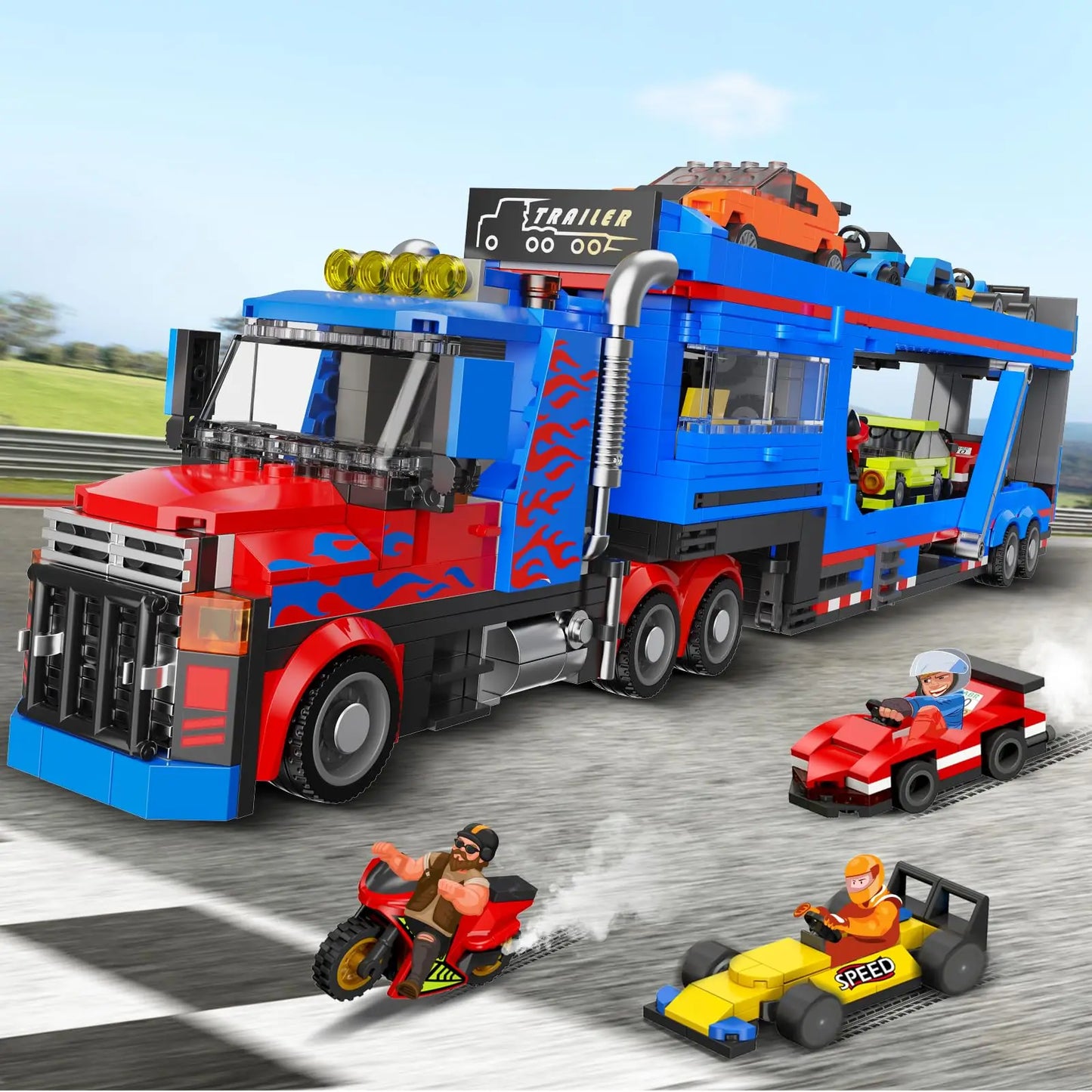 Ensemble de construction de camion transporteur de ville avec 7 voitures, semi-camion de remorquage à rampe de chargement réglable avec remorque transporteuse, jouet cadeaux pour enfants 8 +