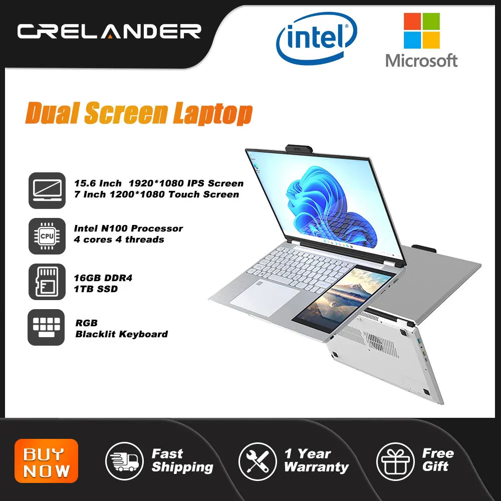 Crelnader double écran ordinateur portable 7 pouces écran tactile boîtier métallique RGB rétro - éclairage empreintes digitales déverrouiller la fenêtre 11 Ultra - mince ordinateur portable