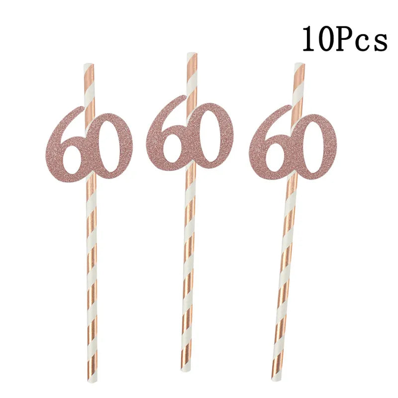 Pailles en papier à rayures dorées, 1 sac, numéro 30e 40e 50e 60e, lunettes à ceinture, pailles à boissons joyeux anniversaire pour adultes, décoration de fête en ballon