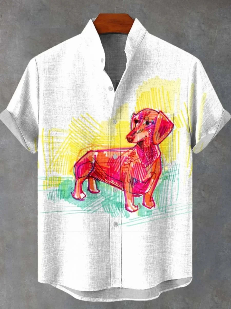 2025 hommes décontracté mode nouvelle chemise en lin Art imprimé chien de compagnie motif chemises mode décontracté et confortable hommes chemise unie