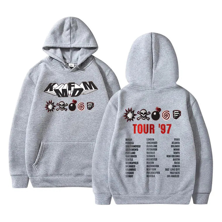 Kmfdm Tour 97 Graphic Hoodie pour hommes et femmes, Rock Band Vintage Gothic Punk Pullover Hoodies, Unsiex Casual Smile Cotton Sweatshirt