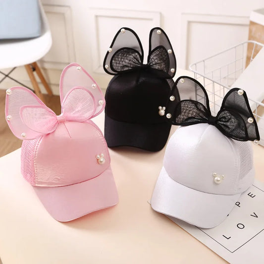 Casquette de baseball avec nœud papillon doux pour filles, grande maille, casquette à visière pour bébé, coton réglable, chapeaux de soleil pour tout-petits, été