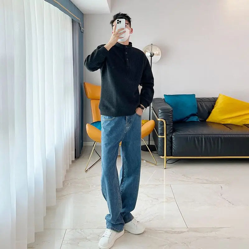 Sweat-shirt décontracté polyvalent à manches longues pour hommes, col rond épissé, bouton, mode monochrome, adt, version coréenne, automne et hiver, nouveau, 2024