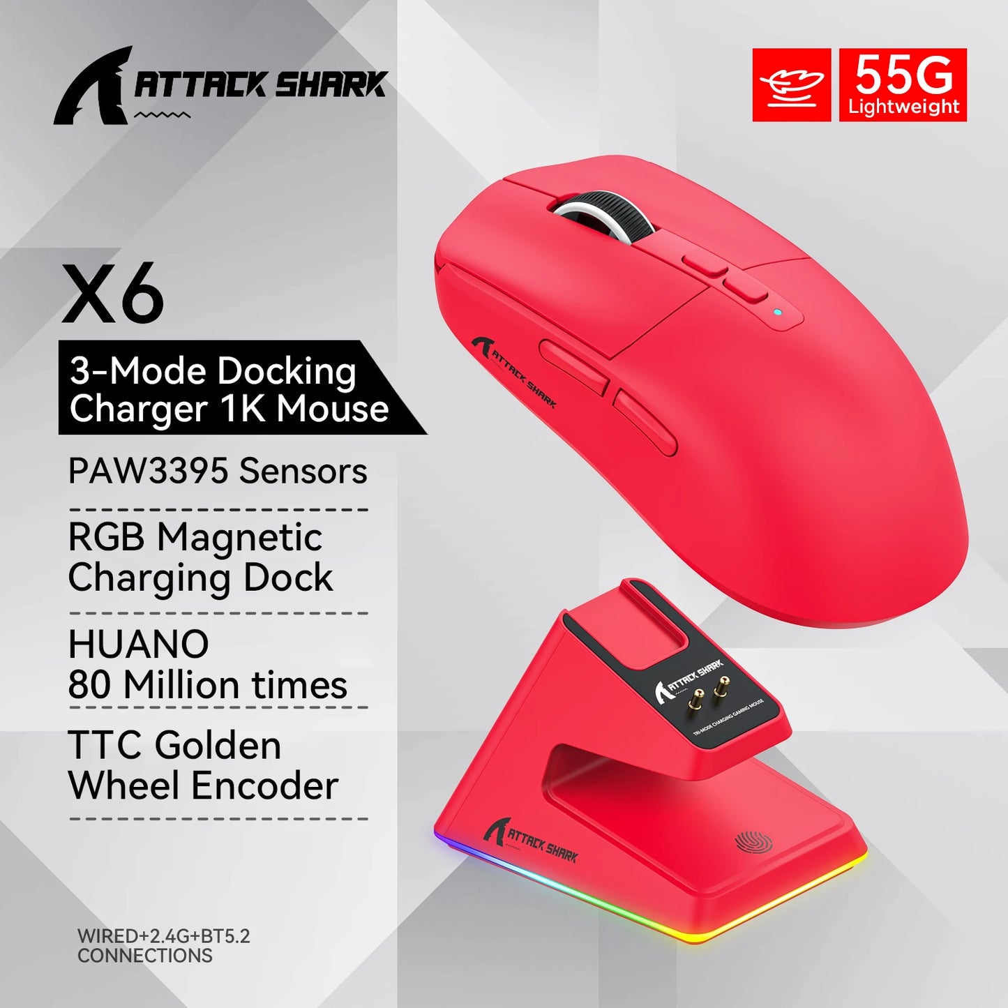 Souris ATTACK SHARK X6, connexion tri-mode Bluetooth