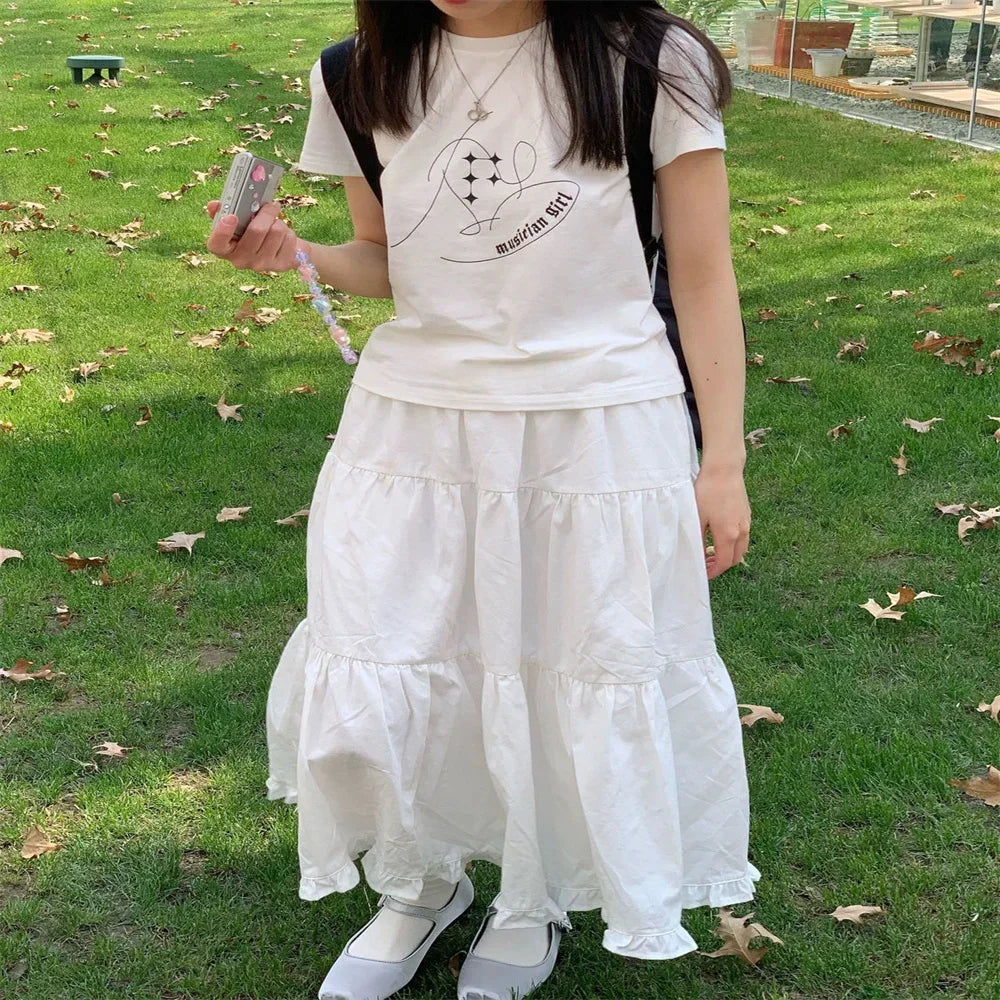 Jupe longue blanche en coton taille haute pour femmes, jupes de gâteau, mode coréenne, doux, simple, adt, ligne A, nouveau, été, 2024