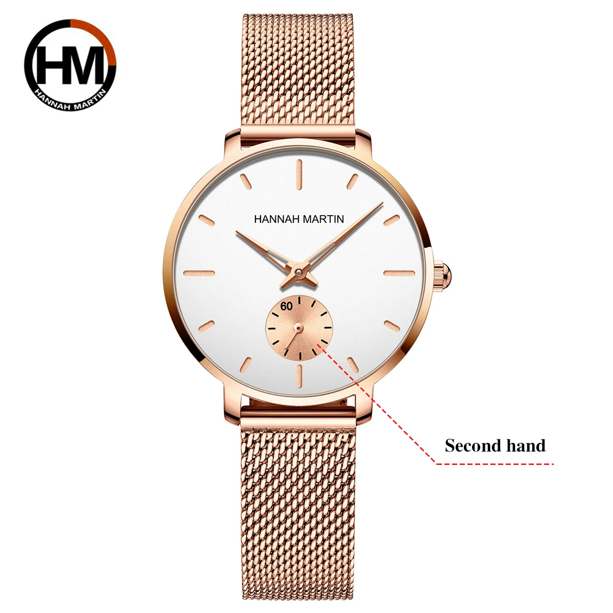 HANNAH MARTIN Top marque femmes montre 1335 synchronisation sous-cadran en acier inoxydable maille mouvement à Quartz or Rose 33mm