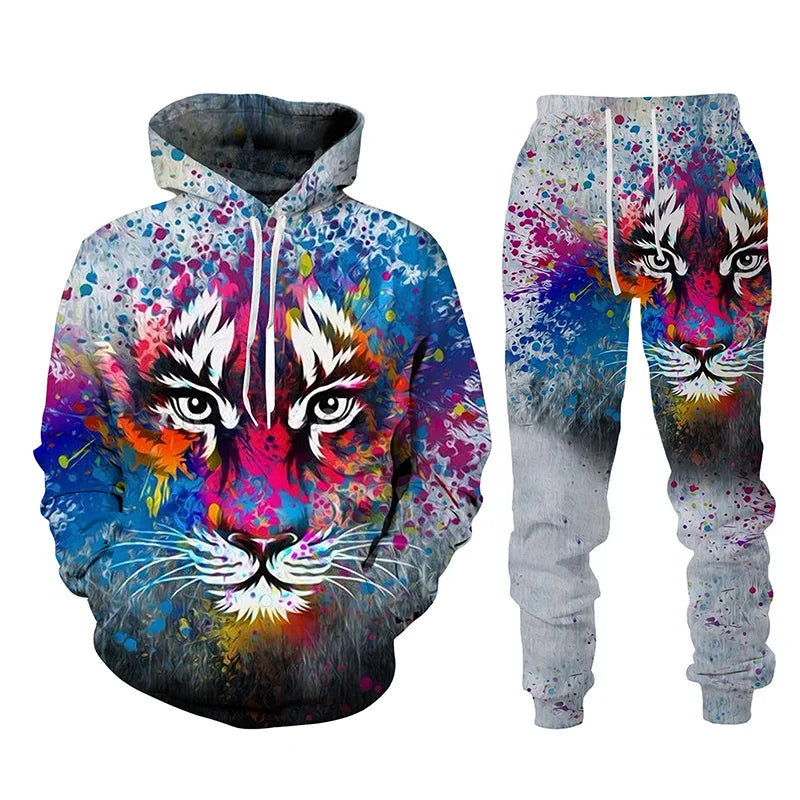 Ensemble de survêtement imprimé tigre animal 3D pour hommes, sweat à capuche et pantalon décontractés, streetwear à la mode, vêtements trempés, automne, hiver, 2 pièces