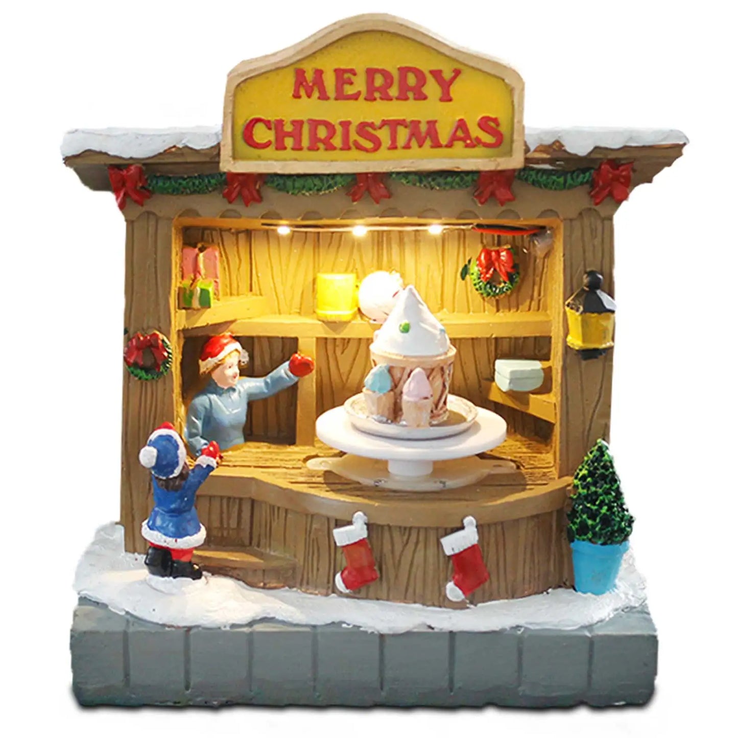 Décor d'accessoires de village de Noël animé avec musique et lumières LED – Apportez la joie festive à votre maison avec notre magasin de glaces