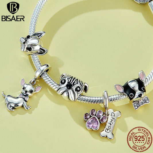 BISAER 925 en argent Sterling mignon chien breloque perle teckel animal de compagnie pendentif platine plaqué ajustement femmes Bracelet à bricoler soi-même bijoux fins