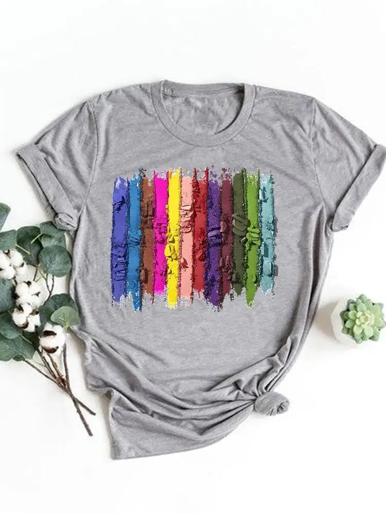 T-shirt manches courtes pour femmes, vêtement basique, haut d'été, maquillage rayé, joli et mignon, imprimé, à la mode, graphique