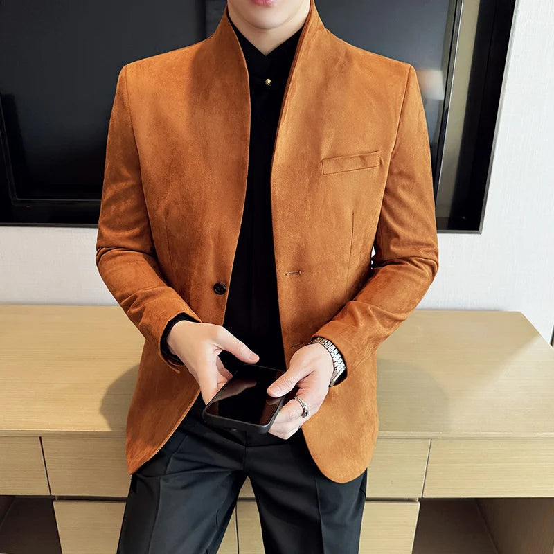 Nouveau Blazer peau de vache velours Version coréenne affaires coupe ajustée costume col montant à la mode costume décontracté veste hommes vêtements formels