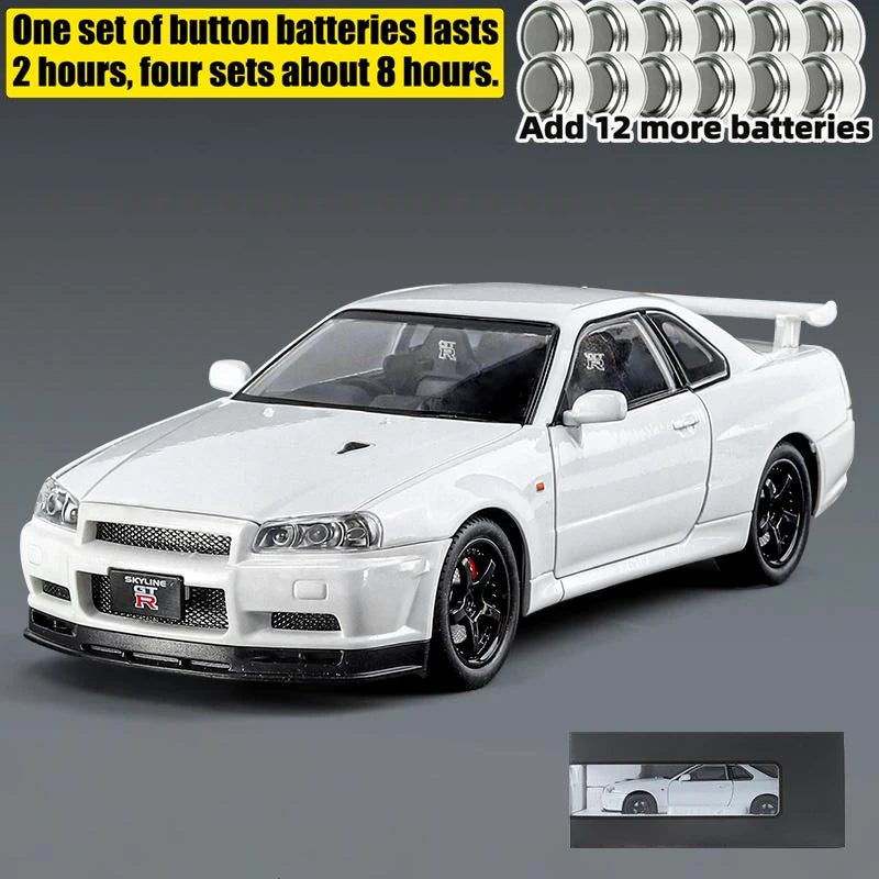 1:24 GTR R34 Skylin Diecast Modèle En Métal De Voiture Son Et Lumière Tirer Supercar Sport Racing Collection Loisirs Vacances Cadeau Garçon