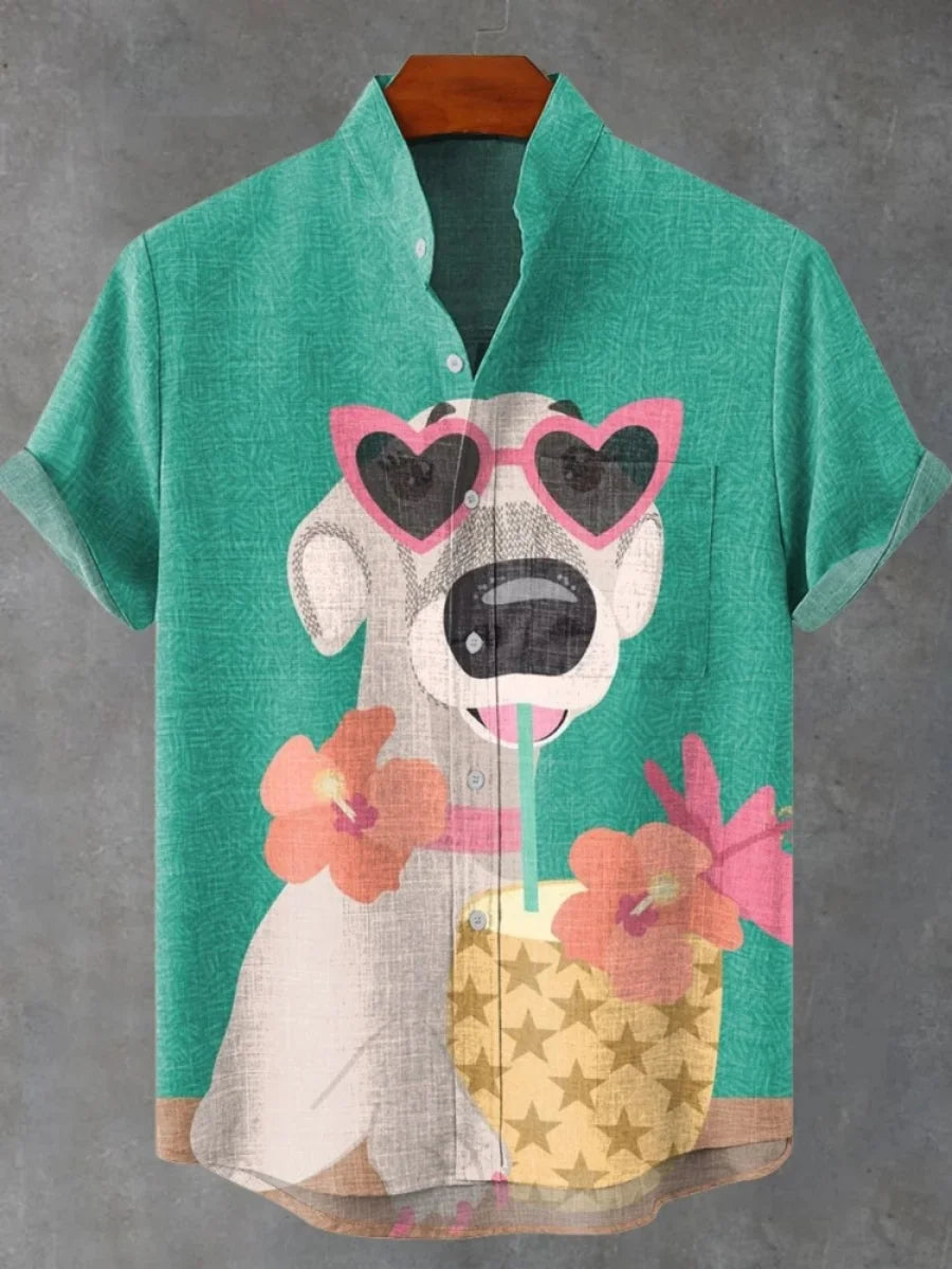 2025 hommes décontracté mode nouvelle chemise en lin Art imprimé chien de compagnie motif chemises mode décontracté et confortable hommes chemise unie