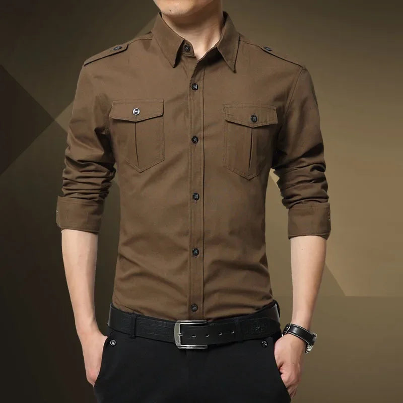 Chemise slim à manches longues de style militaire pour hommes, épaulette en coton, double poche, chemise décontractée, nouveau, 2025