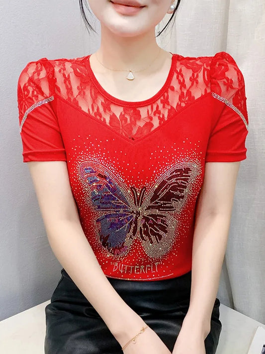 Été nouvelle mode maille T-shirt Chic luxe papillon chaud diamant T-shirt élégant dentelle Patchwork à manches courtes mince haut pour femme