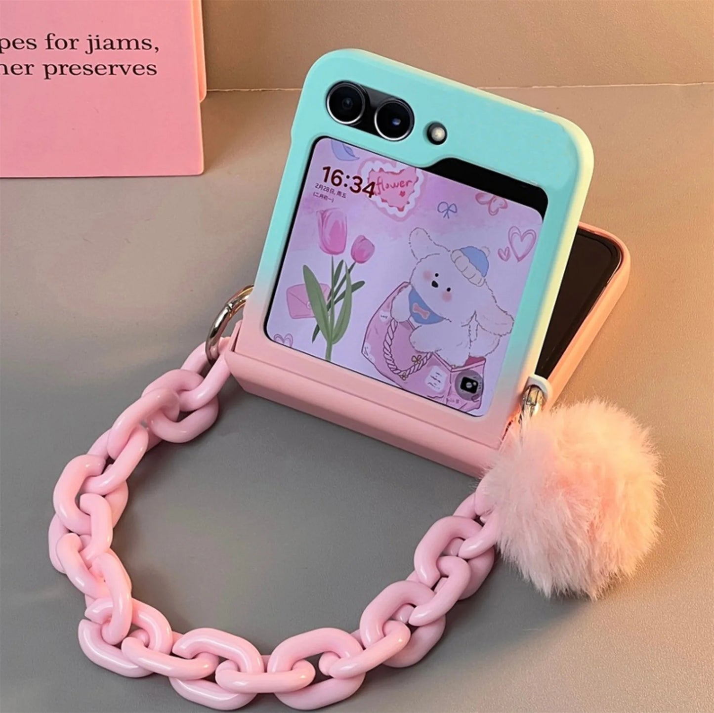 coque de téléphone bleue dégradée avec Bracelet Hariball rose pour Galaxy Z Flip