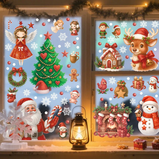 Autocollants de fenêtre de renne de noël, bonhomme de neige, flocon de neige, autocollants électrostatiques de noël, décor de joyeux noël, bonne année