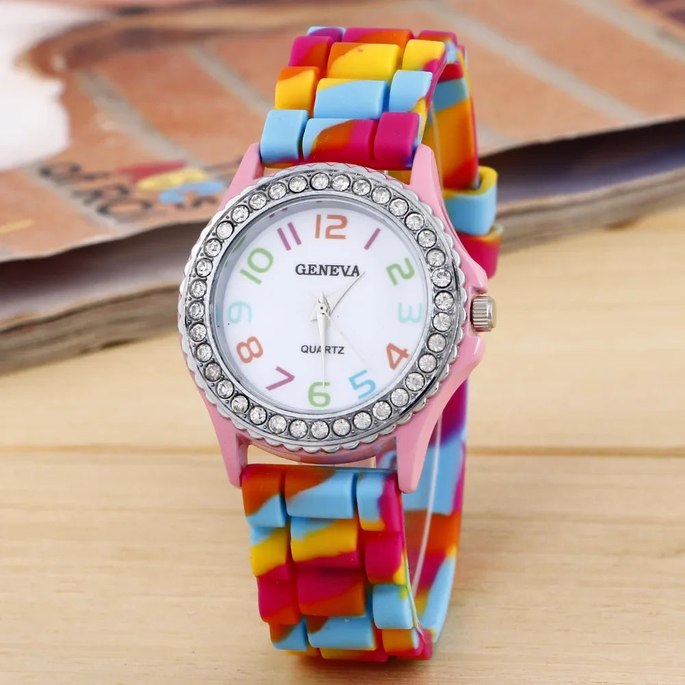 Montres de luxe pour femmes, arc-en-ciel, diamant, quartz, silicone, étanche,