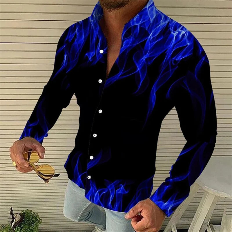 2023 Hommes Dames Hauts Couple Quotidien Flamme Décontracté Mode Rue En Plein Air Bleu Rouge Revers Bouton Chemise Haute Qualité Matériau Offre Spéciale