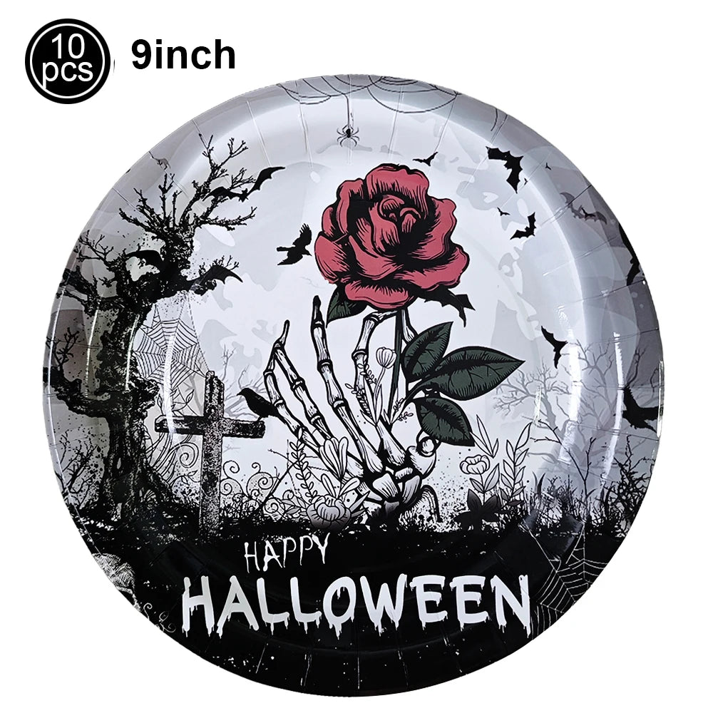 Assiettes de fête gothiques en forme de crâne pour Halloween, tasses, serviettes, corbeau de Rose, décors de fête pour Halloween, squelette, jour des morts, anniversaire