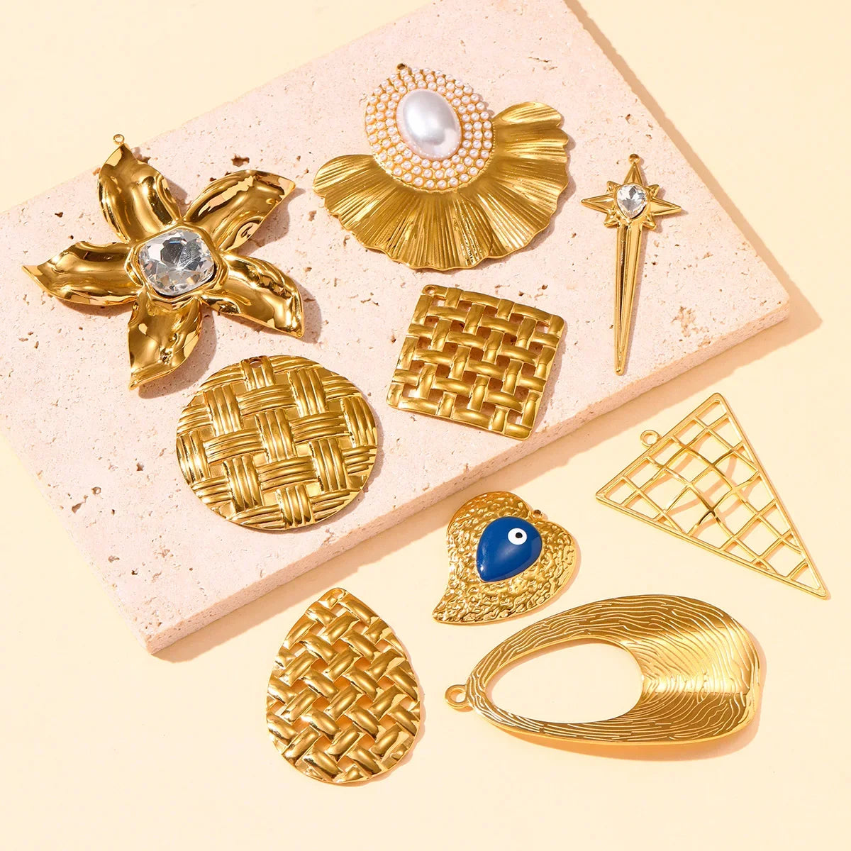 3 pièces/lot géométrique en acier inoxydable disque goutte d'eau boucle d'oreille breloques secteur fleur collier à faire soi-même pendentifs femmes étoile coeur bijoux