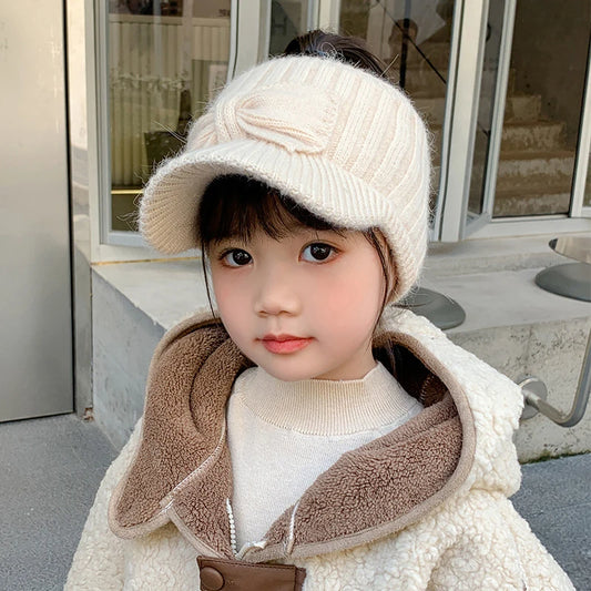 Chapeau en laine pour Protection des oreilles, haut vide, avec nœud pour bébé fille, tricoté en bec de canard, pour enfants de 3 à 10 ans, couvre-oreilles chauds d'hiver, bonnets pour enfants