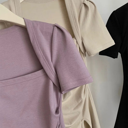 T-shirt à col carré pour femmes, style coréen, sexy, slim, vêtements basiques