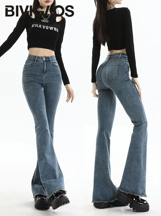 BIVIGAOS 2025 nouveau automne printemps Micro jean évasé femmes taille haute mince serré rétro gland ourlet Stretch Denim fer à cheval pantalon