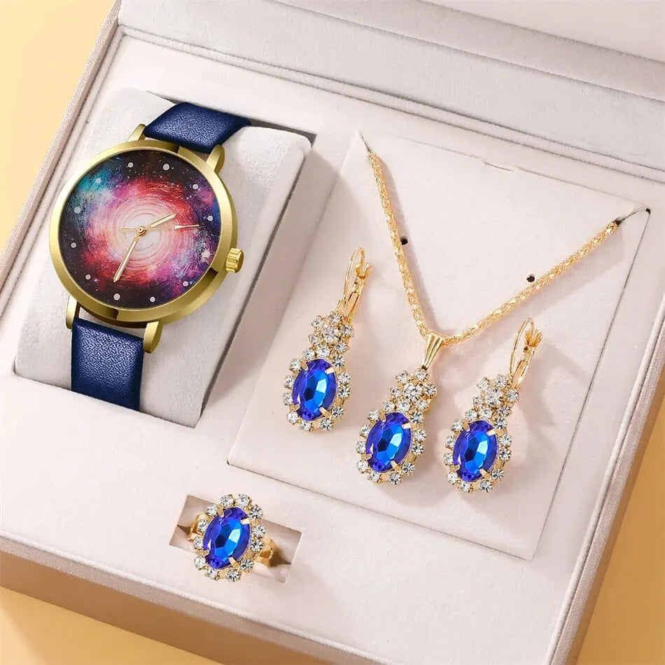 Montre à cadran ciel étoilé pour femme, design de marque, horloge, bracelet en cuir bleu, ensemble de 5 pièces