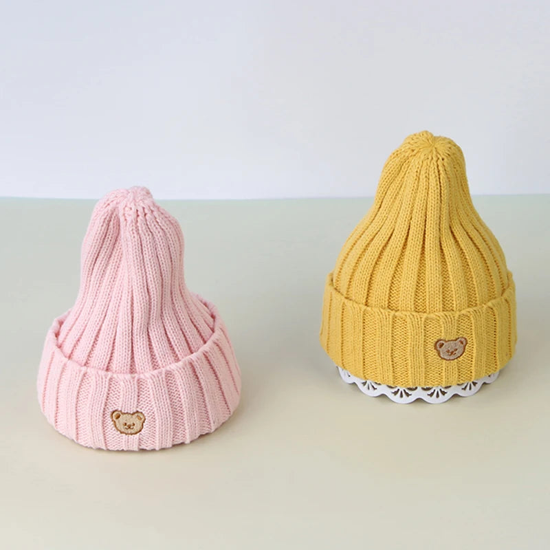 Chapeau de bébé brodé d'ours de dessin animé coréen, doux et chaud pour enfants garçons et filles, Bonnet d'hiver tricoté pour enfants